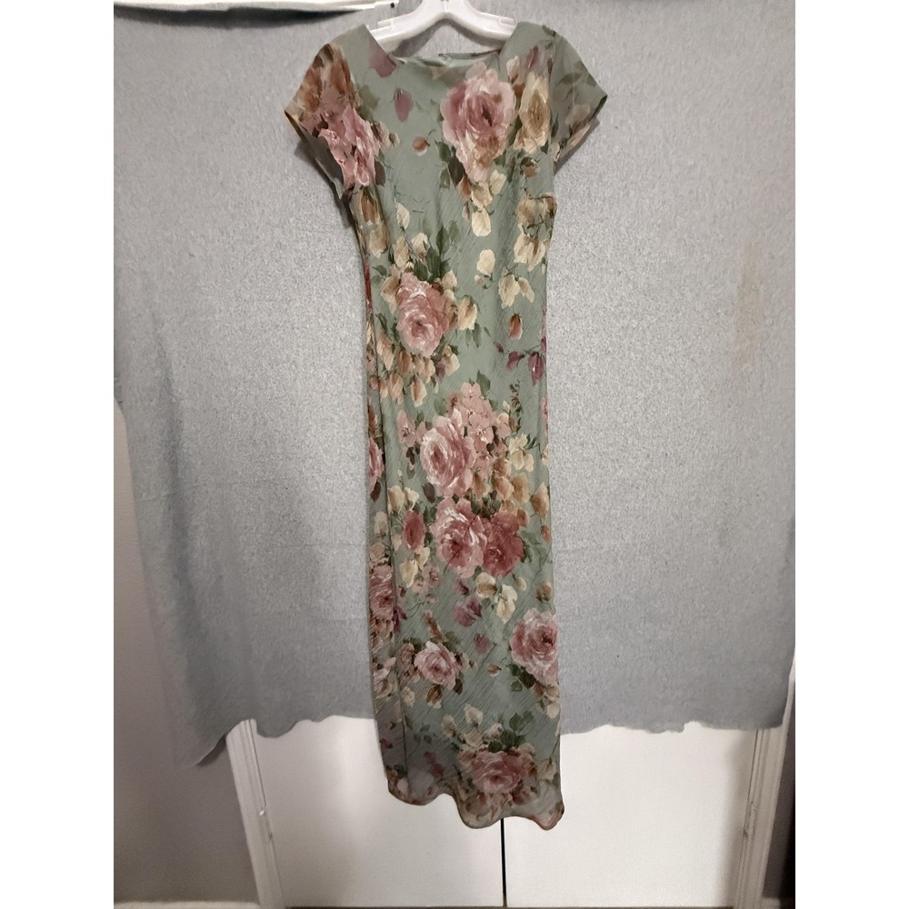 Vintage All That Jazz Dress Juniors 5/6 Green Floral Chiffon Cap Sleeve Maxi